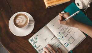 Vista cenital de una persona escribiendo en un diario junto a un café con leche