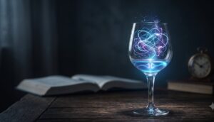 Copa de vino sobre una mesa de madera con una maraña de luz en su interior, metáfora del TDAH y el uso del alcohol para calmar la mente