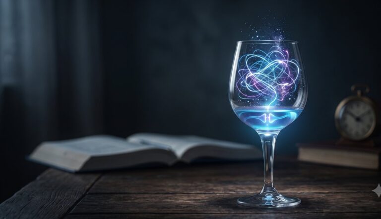 Copa de vino sobre una mesa de madera con una maraña de luz en su interior, metáfora del TDAH y el uso del alcohol para calmar la mente