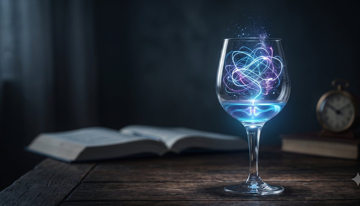 Copa de vino sobre una mesa de madera con una maraña de luz en su interior, metáfora del TDAH y el uso del alcohol para calmar la mente